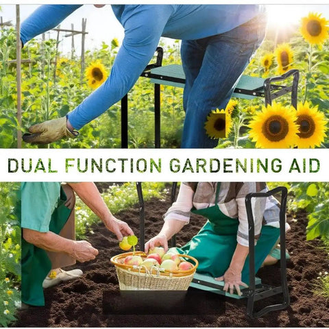 Foldable Ergonomic Garden Kneeler And Seat Bench with Soft EVA Foam and spring loaded handles for pain-free gardening