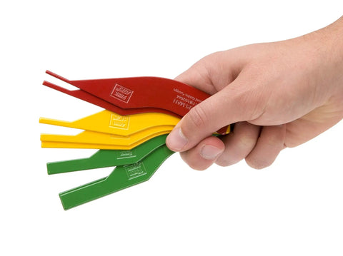 No Brainer 8 Piece Brake Lining Thickness Gauge Set With Color Coded Steel Blades showcasing four gauges held in a hand.
