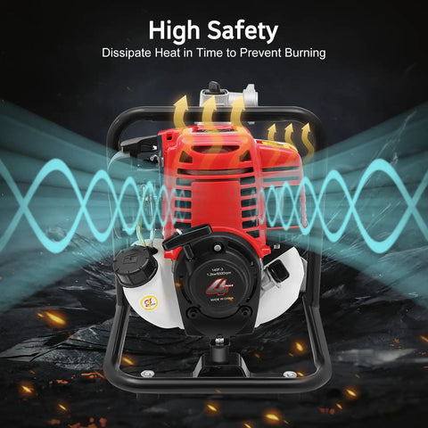 Top Shelf Heavy Duty Four Stroke Gasoline Water Transfer Pump showing engine with cooling features for high safety use.