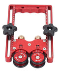 CNC Machined Aluminum Alloy Double Wheel Bearing Roller Features Wide Nonskid Rubber Wheels, red frame with precision adjustments.