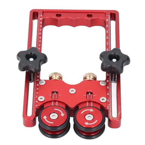 CNC Machined Aluminum Alloy Double Wheel Bearing Roller Features Wide Nonskid Rubber Wheels, red frame with precision adjustments.