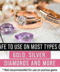 Gold rings and gemstones highlighting Ultrasonic Jewelry Cleaner Solution Pro Grade Concentrated Formula For At Home Cleaning Safe On Gold Silver And Gemstones 16 Fl Oz Pack Of 1 Gentle On Delicate Stones And Crafts Polishes Tarnish Away For Rings Necklaces Bracelets And Earrings.