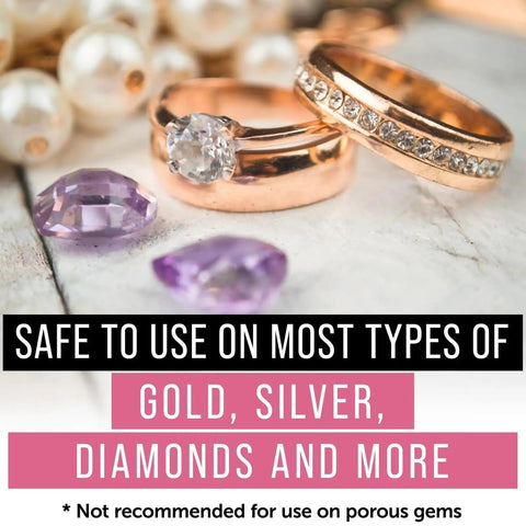 Gold rings and gemstones highlighting Ultrasonic Jewelry Cleaner Solution Pro Grade Concentrated Formula For At Home Cleaning Safe On Gold Silver And Gemstones 16 Fl Oz Pack Of 1 Gentle On Delicate Stones And Crafts Polishes Tarnish Away For Rings Necklaces Bracelets And Earrings.