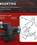 Essential Electric Engine Coolant Auxiliary Water Pump For Audi A3 Q7 And VW Golf showing installation positions and part numbers.