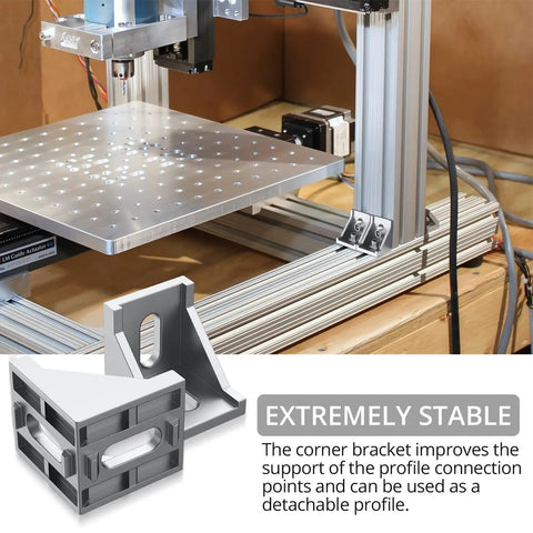 Sick 10 Pack 4040 Aluminum Extrusion Corner Brackets With T-Slot Complete Hardware Kit Including M8 T-Nuts Hex Socket Screws Washers And Hex Key For Pro DIY Metal Fabrication Assemblies And Custom Projects used in CNC machine construction.