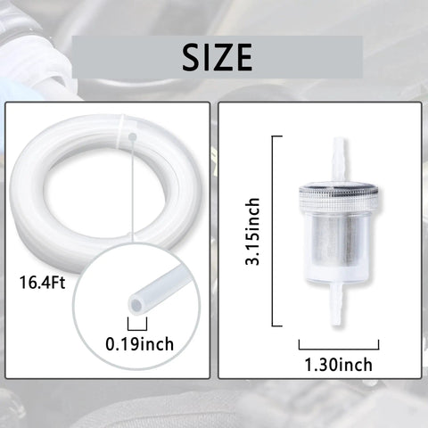 Road Ready 16.4 Feet Diesel Heater Fuel Line Kit Featuring Inline Filter, showing 16.4 ft hose and inline filter dimensions.