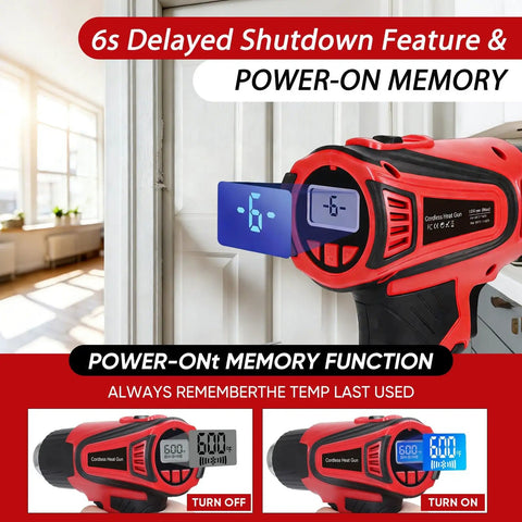 Cordless Heat Gun With M18 Battery Compatibility, LCD display showing temperature, delayed shutdown and memory function highlighted