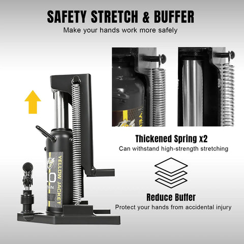10 Ton Hydraulic Toe Jack With 5 Ton Claw Low Profile Lift Rig, showing thickened spring for safety stretch and buffer features.