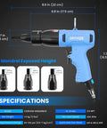 Pneumatic Rivet Nut Gun Kit With M6 M8 M10 Mandrels, Pro Grade Heavy Duty Industrial Tool, dimensions and specifications shown