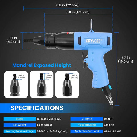 Pneumatic Rivet Nut Gun Kit With M6 M8 M10 Mandrels, Pro Grade Heavy Duty Industrial Tool, dimensions and specifications shown