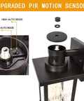 2 Pack Motion Sensor Outdoor Wall Lights Dusk To Dawn Matte Black Porch Lanterns for Exterior Garage and Patio, close-up.