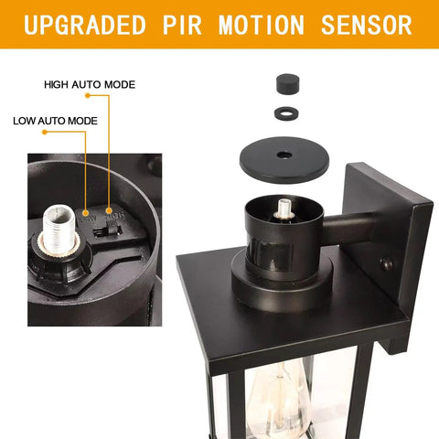 2 Pack Motion Sensor Outdoor Wall Lights Dusk To Dawn Matte Black Porch Lanterns for Exterior Garage and Patio, close-up.