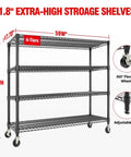Heavy-Duty 4-Tier Adjustable Steel Storage Rack With Lockable Wheels, 2640 lbs capacity, shown in front view with dimensions