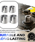 DIY Friendly Pro Grade Battery Terminal Shim Kit With Washers And Adjustment Tool Positive And Negative Post Shims shown on battery