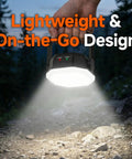 Rechargeable Hanging Camping Lantern With Magnetic Mount And One Quarter Twenty UNC Threaded Mount Three Light Modes 30W Portable Tent Light IP65 Waterproof LED Flashlight For Fishing The Man Cave RV And Emergency being used on a trail at night, highlighting its lightweight design.