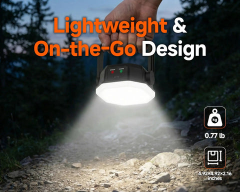 Rechargeable Hanging Camping Lantern With Magnetic Mount And One Quarter Twenty UNC Threaded Mount Three Light Modes 30W Portable Tent Light IP65 Waterproof LED Flashlight For Fishing The Man Cave RV And Emergency being used on a trail at night, highlighting its lightweight design.