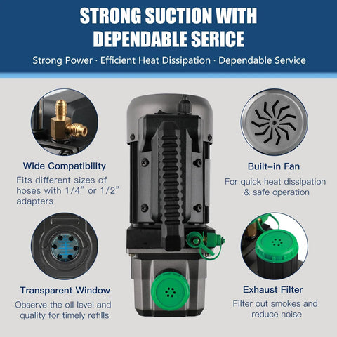 PB Motor TECH 4.5CFM 1/3HP vacuum pump with 3-way AC gauge; front view showing green oil ports and built-in fan.