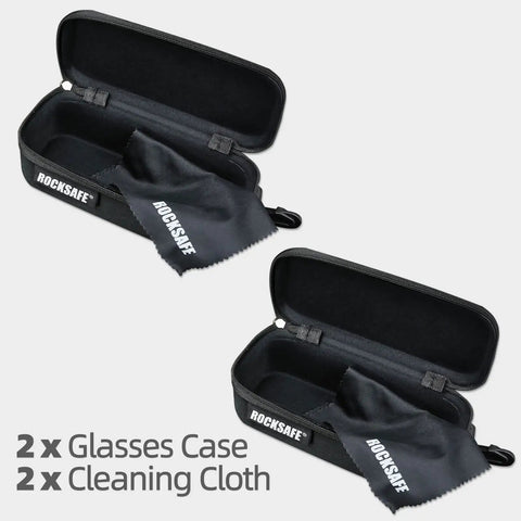 Large EVA Safety Glasses Case With Reinforced Belt Clip Pack Of 2 Semi Hard Shell Eyewear Protection Storage Fits Glasses Sun Glasses Goggles With Microfiber Cleaning Cloths Included, showing open cases and cloths