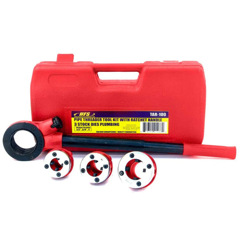Ratcheting Pipe Threader Kit With Pro Grade Dies For Half Inch, Three Quarter Inch, And One Inch Ergonomic Long Handle Pipe Threading Tool Set For Fast, Easy Plumbing DIY Projects, shown with red case and three dies.