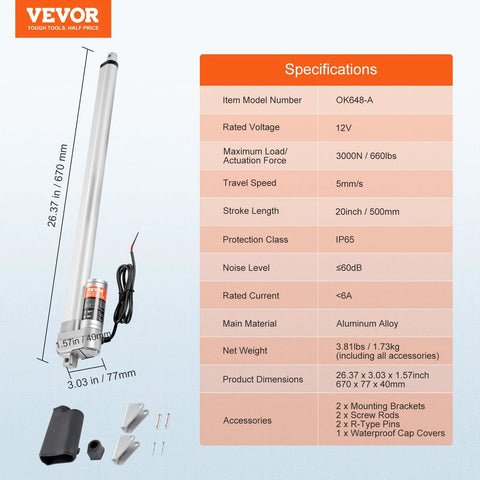 VEVOR 12V linear actuator, 20-inch stroke, IP65 waterproof, aluminum alloy body with mounting brackets and hardware.