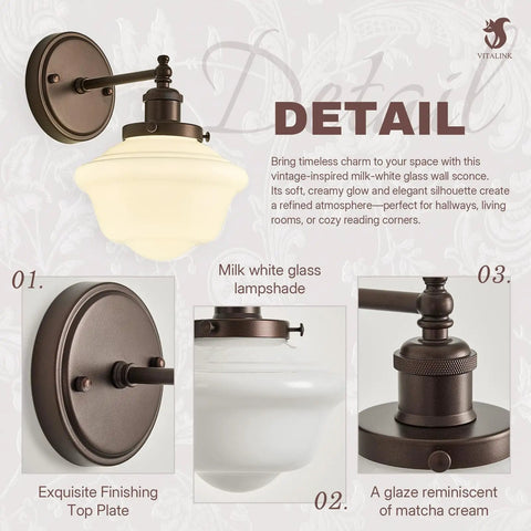 Wall Sconce Lighting Oil Rubbed Bronze Milk Glass Hardwired Wall Sconces with milk glass lampshade and ornate top plate.