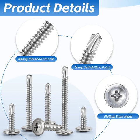 Stainless Steel Workhorse Self Drilling Screws Kit With Number 8 Truss Head Self Tapping Screws For Sheet Metal Auto And Roofing 200 Piece Assortment Includes Half Inch To One And A Half Inch Sizes Durable Corrosion Resistant Fasteners