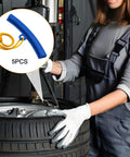 Woman in gloves using Universal 5 Piece Car Tire Mounting Guards Wheel Rim Edge Protectors on a tire for scratch prevention.