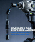 34 Piece Magnetic Nut Driver Set with impact driver bits attached to a drill, showcasing a reinforced magnetic connection for overhead work.