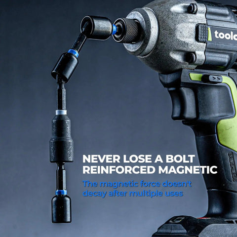 34 Piece Magnetic Nut Driver Set with impact driver bits attached to a drill, showcasing a reinforced magnetic connection for overhead work.