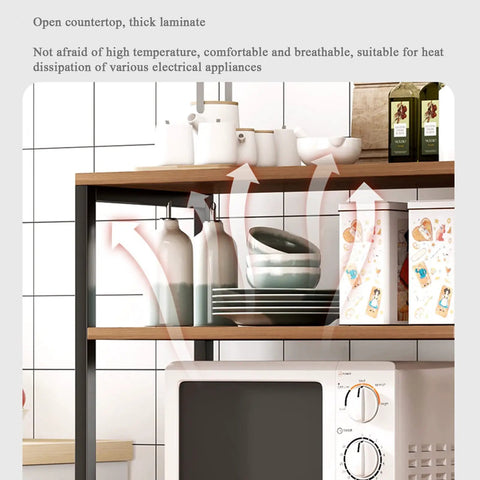 Kickass Heavy Duty Kitchen Storage Rack Handling Everyday Essentials From Microwaves To Pantry Items, featuring open countertop with thick laminate.