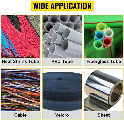 Various tubes including Heat Shrink Tube, PVC Tube, Fiberglass Tube, Cable, Velcro, and Sheet for Automatic Heat Shrink Tube Cutting Machine With Digital Display Wire Stripper Cable Pipe Die Cutter And Powerful 300W Motor For Precise Rubber Plastic Tube Processing Smooth And Efficient Workflow.