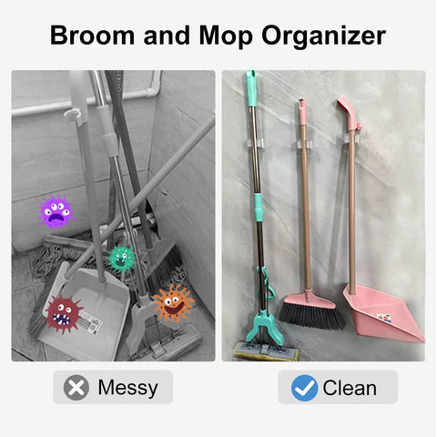 Before and after using Two Pack Adhesive Broom And Mop Holder With Rubber Grips, wall mount organizer showing messy vs. clean storage.