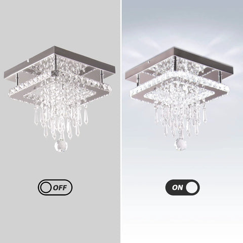 Square Crystal Chandelier LED Flush Mount Ceiling Light For Bedroom Dining Room Hallway And Bar Dope Modern Crystal Pendant Lamp With K9 Crystals Cool White Glow Elegant Living Room Fixture. Light on and off.