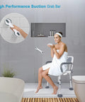 Woman using Heavy Duty Shower Chair With Detachable Arms And Back 350 Lb Capacity Non Slip Bath Seat With Grab Bar in bathroom