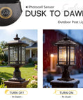Outdoor Post Mount Light With Dusk To Dawn Sensor in oil rubbed bronze, showcasing water ripple glass lantern for patio and garden, 18.9 inch tall