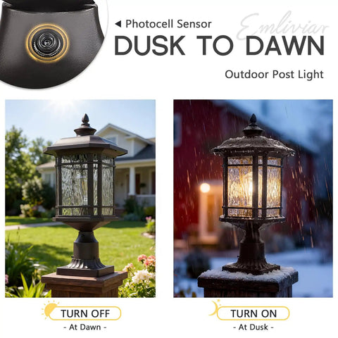 Outdoor Post Mount Light With Dusk To Dawn Sensor in oil rubbed bronze, showcasing water ripple glass lantern for patio and garden, 18.9 inch tall