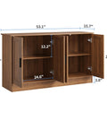 53 Inch Rustic Brown Buffet Cabinet With Storage, Industrial Kitchen Sideboard open showing dimensions and shelves.