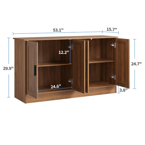 53 Inch Rustic Brown Buffet Cabinet With Storage, Industrial Kitchen Sideboard open showing dimensions and shelves.