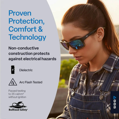 Woman wearing Sawfish Polarized Safety Glasses With Performance Fog Technology, Blue Light And UV Protection, Anti Scratch Coating.