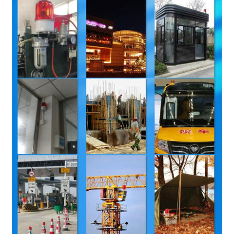 Collage featuring Red LED Strobe Warning Light For Emergency Safety Use, compact flashing alarm lamp on vehicle, building, crane, and tent applications.