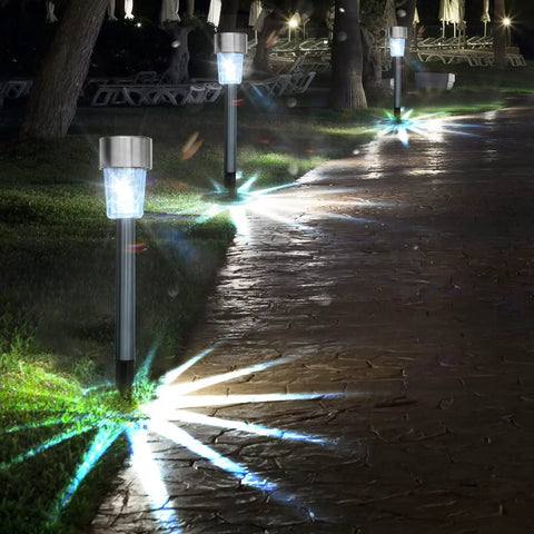 30 Pack Solar Pathway Lights Outdoor LED Landscape Lighting Waterproof Stainless Steel Garden Lights illuminating walkway