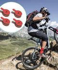 Mountain biker on rocky terrain with inset of 4 pairs of Bike Disc Brake Pads Resin Bonded Semi Metal For Smooth Quiet Braking Replacement Kit.