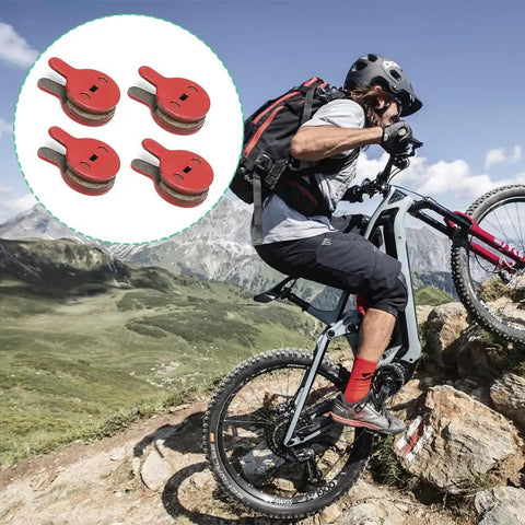 Mountain biker on rocky terrain with inset of 4 pairs of Bike Disc Brake Pads Resin Bonded Semi Metal For Smooth Quiet Braking Replacement Kit.