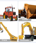 Construction equipment collage showing four machines: red tractor, orange loader, yellow crane, and yellow excavator.