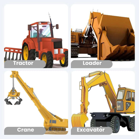Construction equipment collage showing four machines: red tractor, orange loader, yellow crane, and yellow excavator.