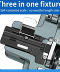Close-up of K1 Universal Fiber Cleaver for Fiber Optic Hot Melt and Cold Welding, featuring built-in waste box and precision scale.