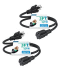 Outdoor Extension Cord 3 Ft Short Power Cable 16 AWG SJTW With 3 Prong Grounded Plugs For Indoor Use Black ETL Listed 2 Pack