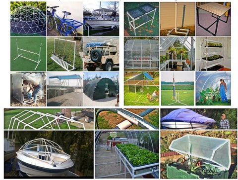 Collage of various DIY projects using 20 Pack Clear Transparent Light Grip Clamps Furniture Grade For One And A Quarter Inch PVC Pipe Or One And A Half Inch EMT Four Inch Long EZ Snap Clamps For Tarps DIY Projects Suitable For DIY Home Improvement And Construction.