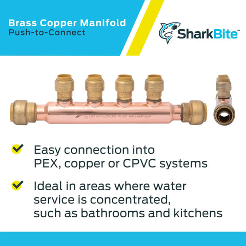 Open Four Port Push To Connect Brass Plumbing Tee Three Quarter Inch Inlet To One Half Inch Outlets For PEX Copper CPVC Systems Easily Split One Trunk To Multiple Lines With Durable Quick Connect Fittings