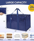 Six Pack Extra Large Moving Bags Heavy Duty With Zippers And Carrying Handles Tough As Nails Waterproof Storage Bags For Moving Camping And Closet Organization Navy 27 By 14 By 15 Inches Up To 24 Gallons And 100 Lbs showing size and use illustration